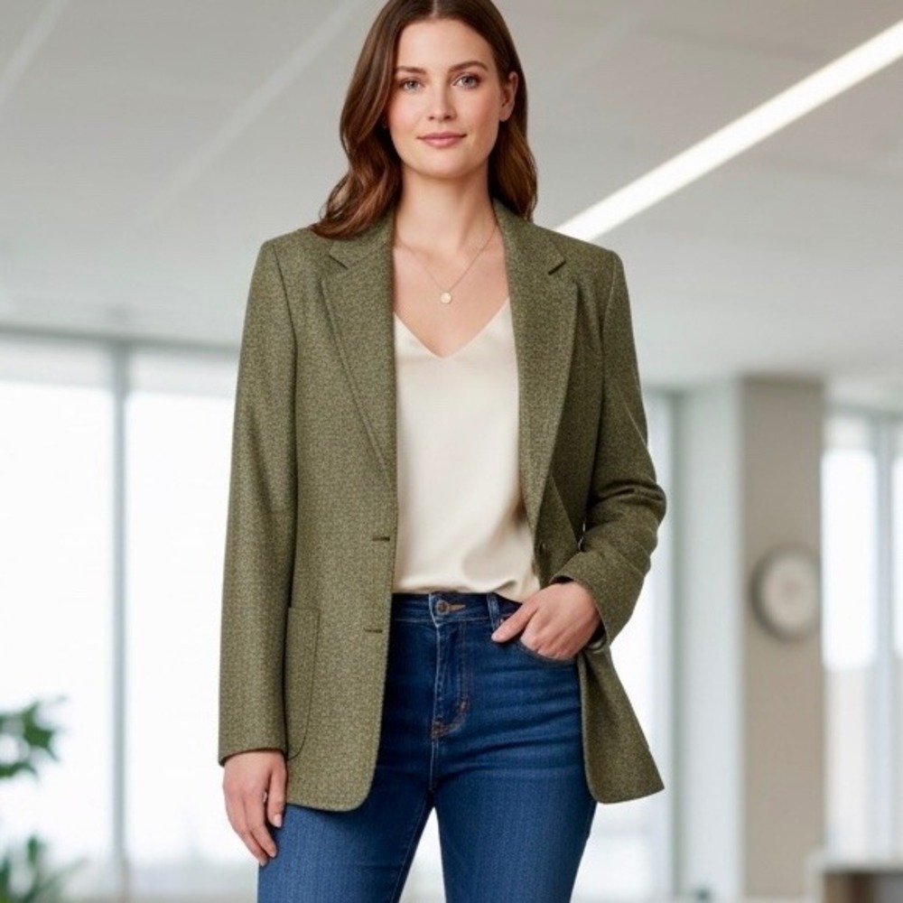 Vintage 90s Talbots Petites Blazer Jacket Wool Silk Blend Green Italian Fabric‎